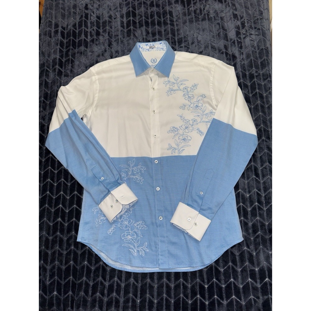 Bugatchi Uomo Men White Blue Floral Embroidered Shaped Fit Button Down Sz M